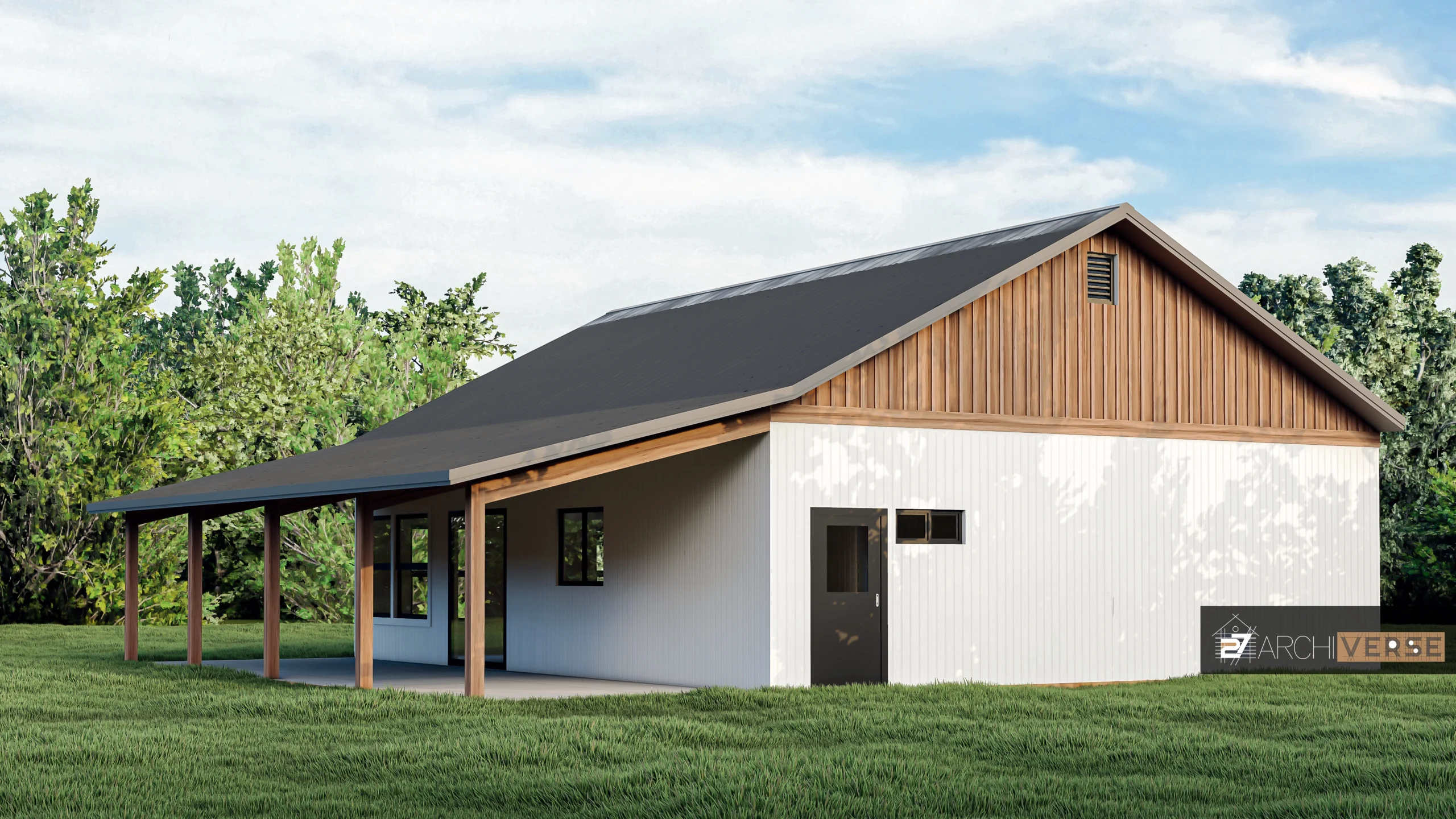 3D rendering of modern residential exterior design with sloped roof and wooden accents