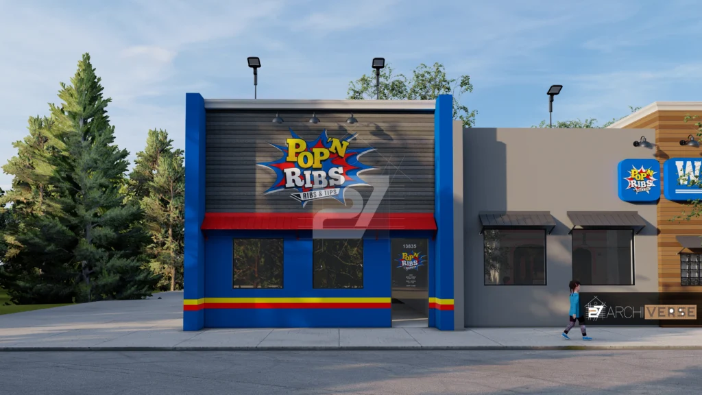 3D rendering of restaurant exterior with modern brick and metal elements and clear branding