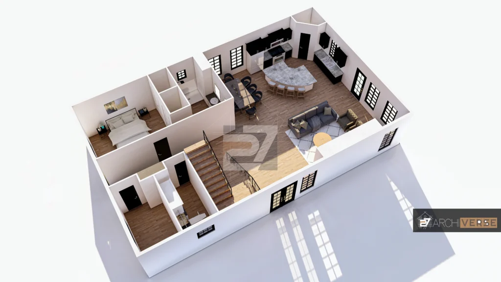 Top view of residential house interior layout showing open floor plan and room configuration residential house design