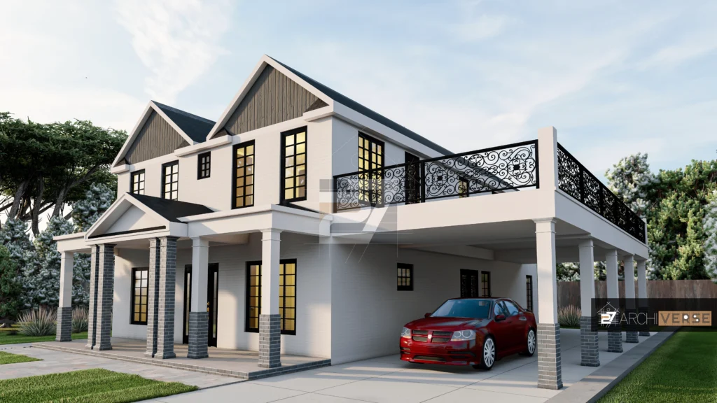 Close-up of the residential house facade with wooden trim and modern architectural design residential house design