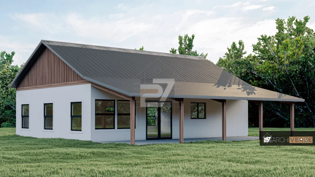 3D rendering of modern residential exterior design with sloped roof and wooden accents