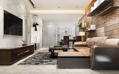 3d rendering luxury and modern living room with leather sofa and lamp and wood decor loft style